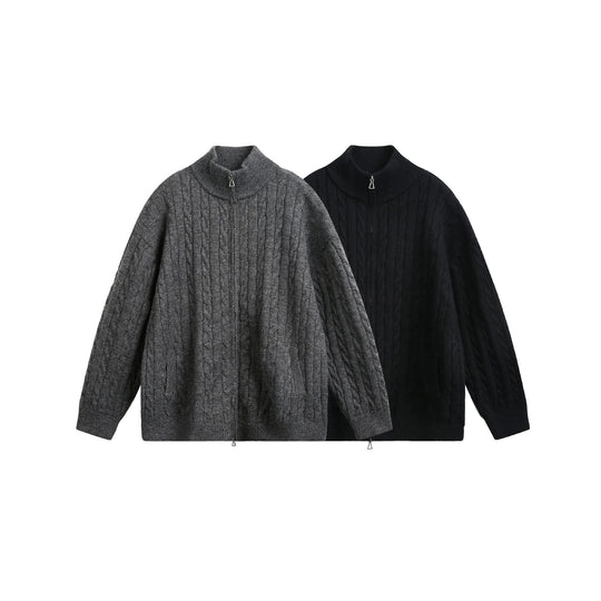 Unisex Grobstrick-Pullover mit Zopfmuster, hohem Stehkragen und Zwei-Wege-Reißverschluss Shop Nory