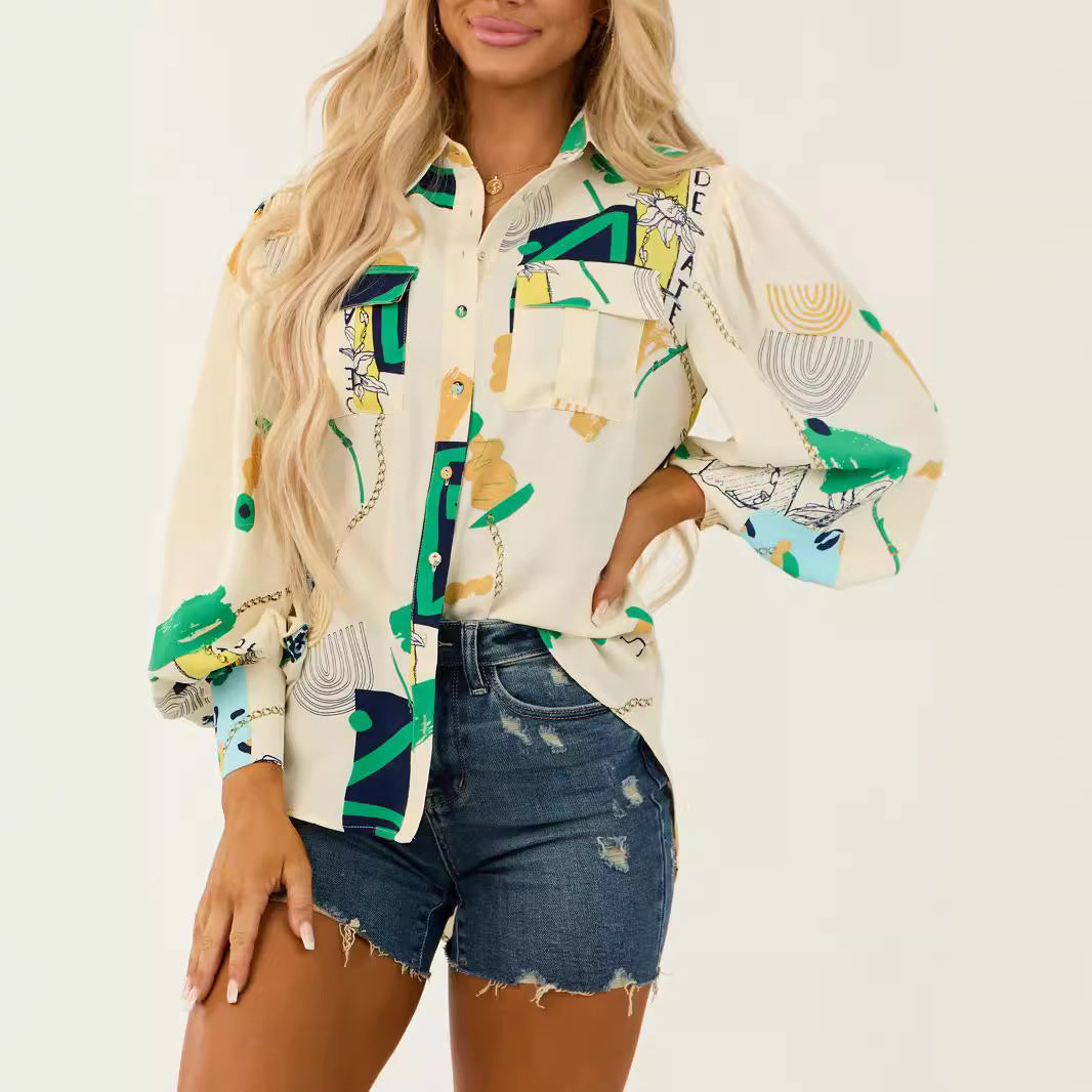 Damen Oversized-Hemdbluse mit grafischem Allover-Print, Brusttaschen und Ballonärmeln Shop Nory