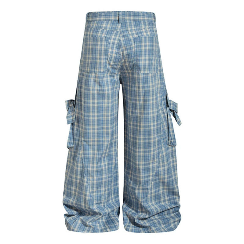 Damen karierte hochgeschnittene Cargo-Hose mit weitem Bein und Volant-Taschen Shop Nory