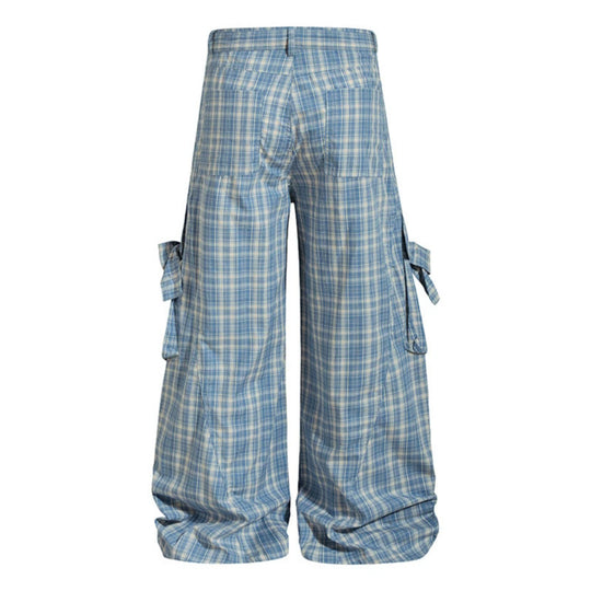 Damen karierte hochgeschnittene Cargo-Hose mit weitem Bein und Volant-Taschen Shop Nory