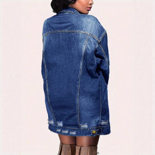 Damen Oversize Longline-Denimjacke mit Distressed-Details und Pattentaschen Shop Nory