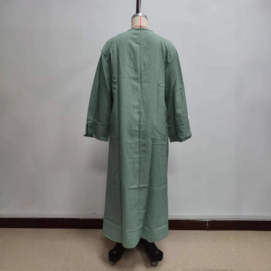 Damen Maxikleid aus Leinen-Mix mit Taillengürtel und weiten Manschellen Shop Nory