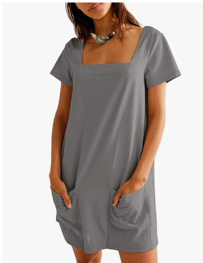 Damen Lockeres Sommerkleid mit Quadrat-Ausschnitt und praktischen Taschen