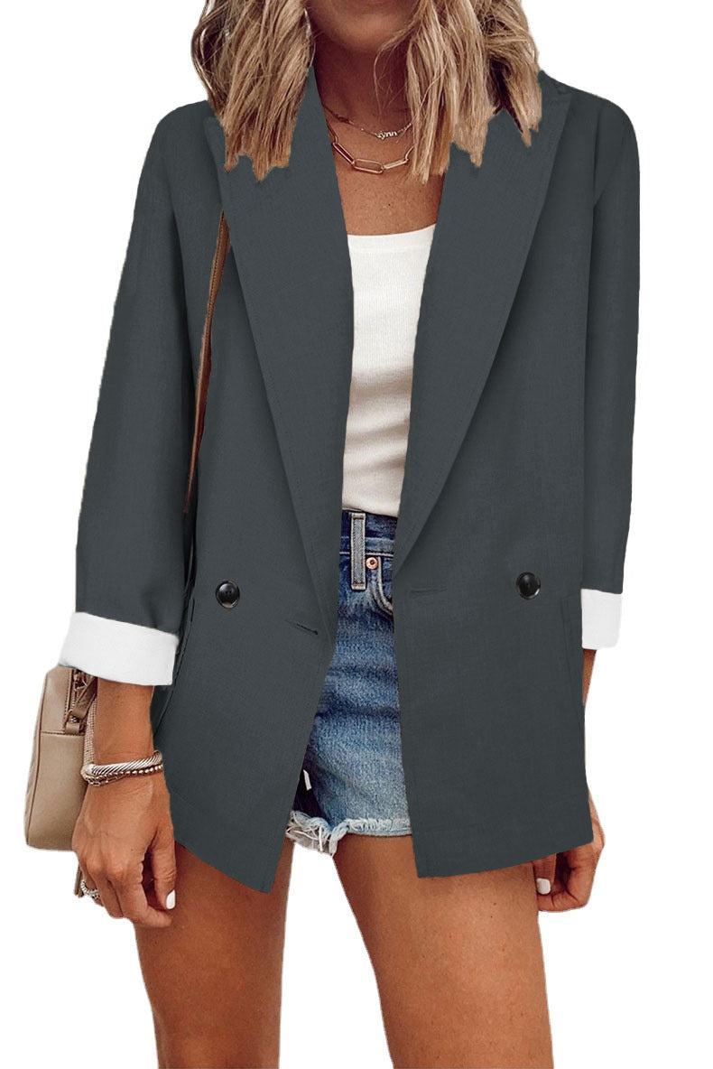 Damen Oversize Longline-Blazer mit 3/4-Ärmeln, Kontrastumschlag und aufgesetzten Taschen Shop Nory