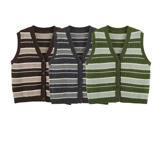Damen Feingestrickte Weste mit V-Ausschnitt, Strukturstreifen und Knopfleiste Shop Nory
