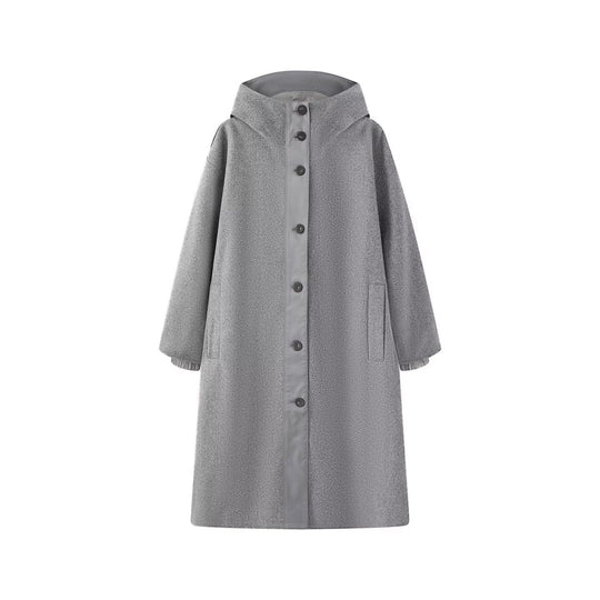 Damen Oversize Wollähnlicher Mantel mit Kapuze und Knopfleiste Shop Nory