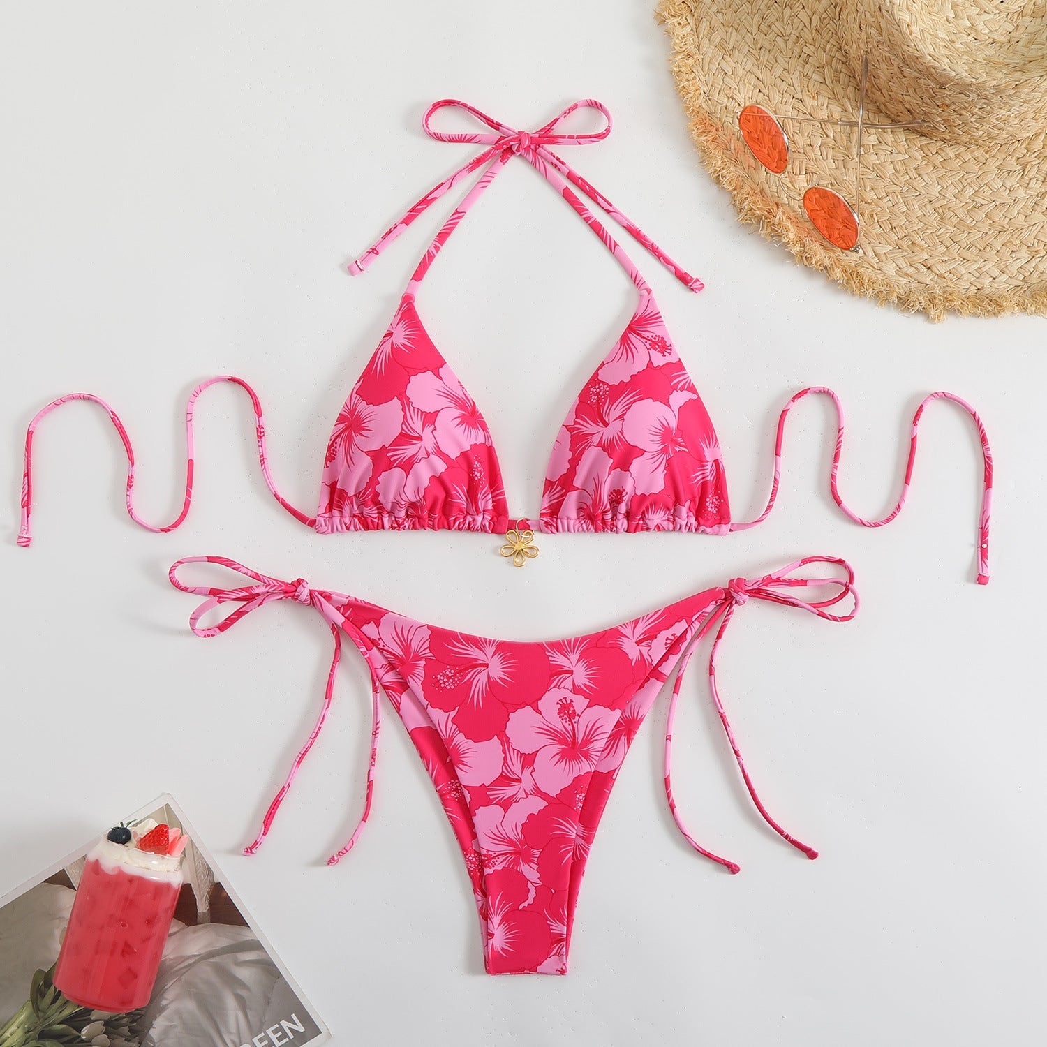 Damen Triangel-Bikini-Set mit floralem Design und verspielten BindShopnoryändern