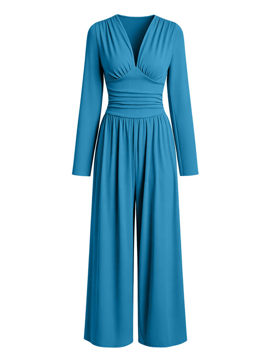 Damen Eleganter V‑Ausschnitt Jumpsuit mit tailliertem Wickelbund und weitem Hosenbein Shop Nory
