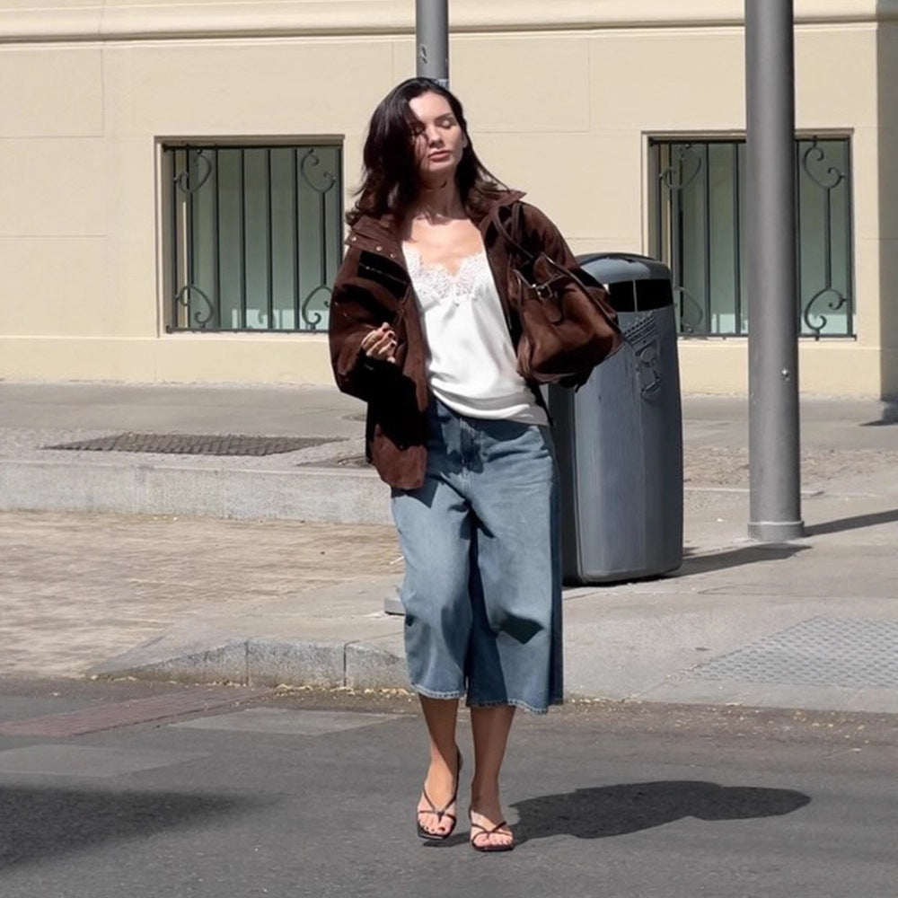 Damen Kurz geschnittener Veloursleder-Blouson mit hohem Stehkragen, kastiger Oversize‑Silhouette und verdecktem Reißverschluss Shop Nory