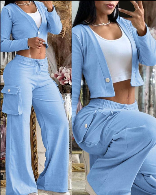 Damen Lounge-Set mit weicher Cargo-Sweathose mit weitem Bein und Cropped-Cardigan Shop Nory