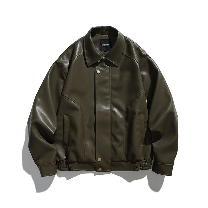 Herren Boxy-Lederimitat-Bomberjacke mit verdeckter Druckknopfleiste, elastischem Saum und aufgesetzten Eingrifftaschen Shop Nory