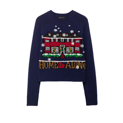 Damen Cropped-Weihnachtspullover mit Intarsia-Hausmotiv und Rundhalsausschnitt Shop Nory