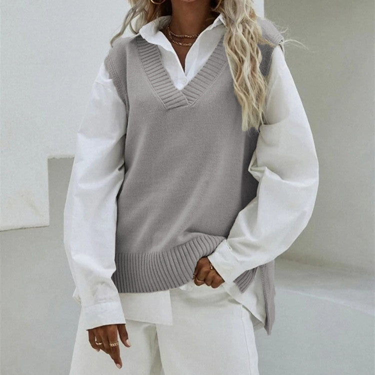 Damen Ärmellose Strickweste mit V-Ausschnitt und seitlichen Schlitzen Shop Nory