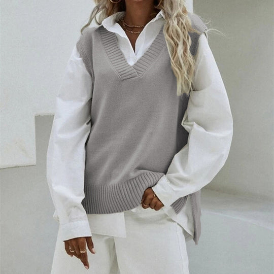 Damen Ärmellose Strickweste mit V-Ausschnitt und seitlichen Schlitzen Shop Nory