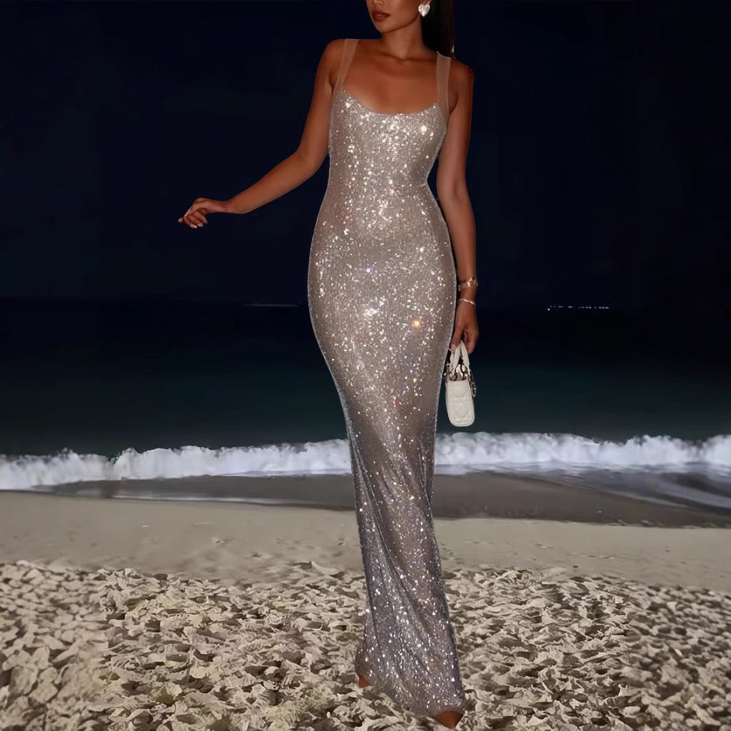 Damen Elegantes Pailletten Maxikleid mit tiefem Rundhalsausschnitt und figurformendem Schnitt
