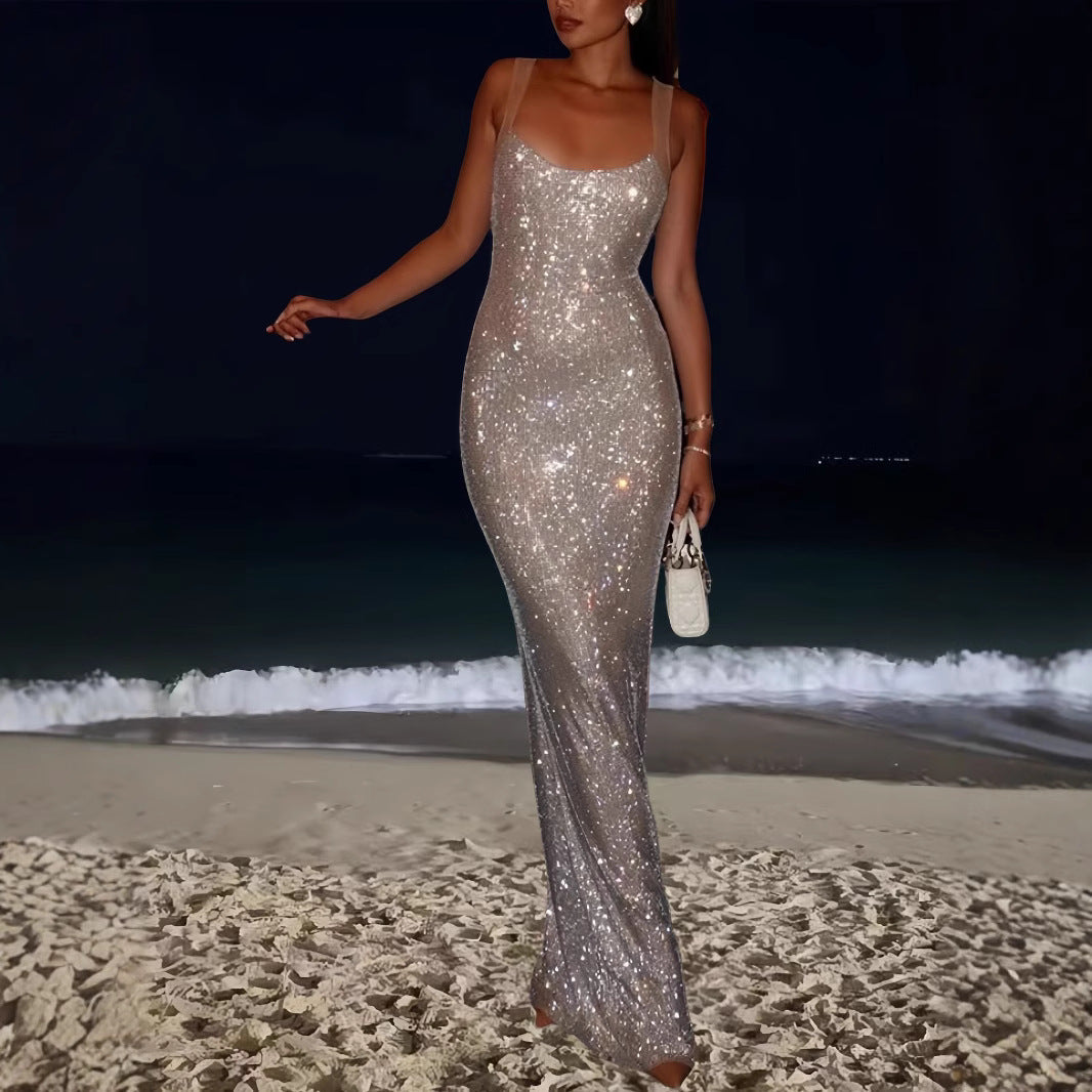 Damen Elegantes Pailletten Maxikleid mit tiefem Rundhalsausschnitt und figurformendem Schnitt