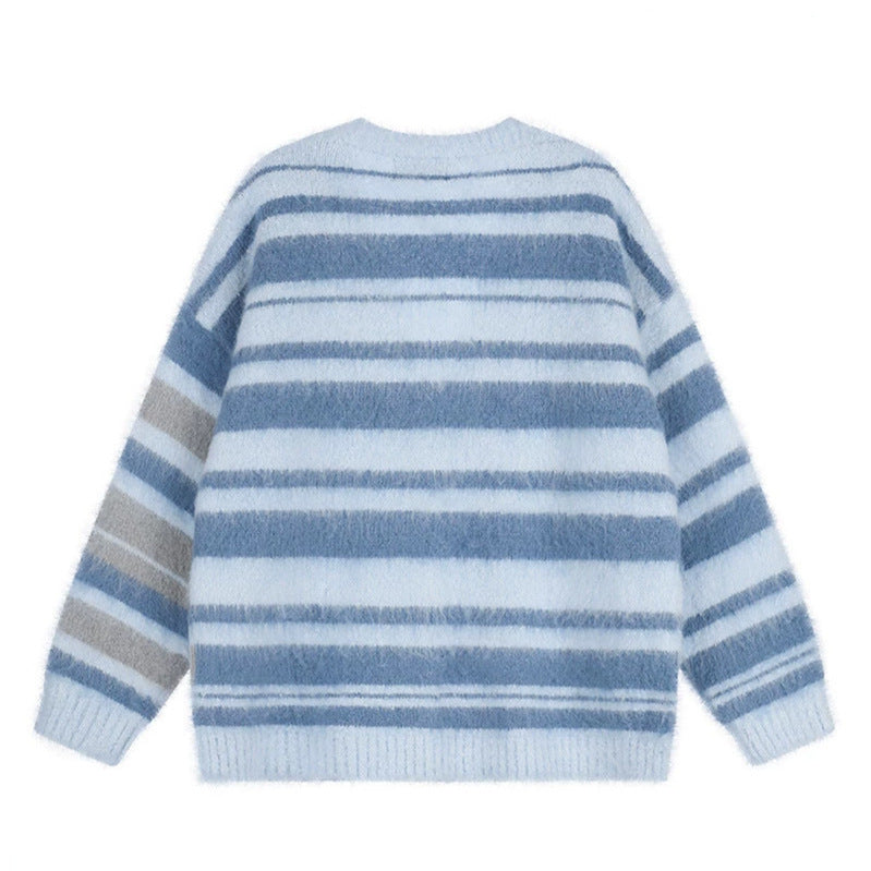 Damen Oversize-Strickjacke mit V‑Ausschnitt, kuscheliger Mohair‑Optik und gestreiftem Muster Shop Nory