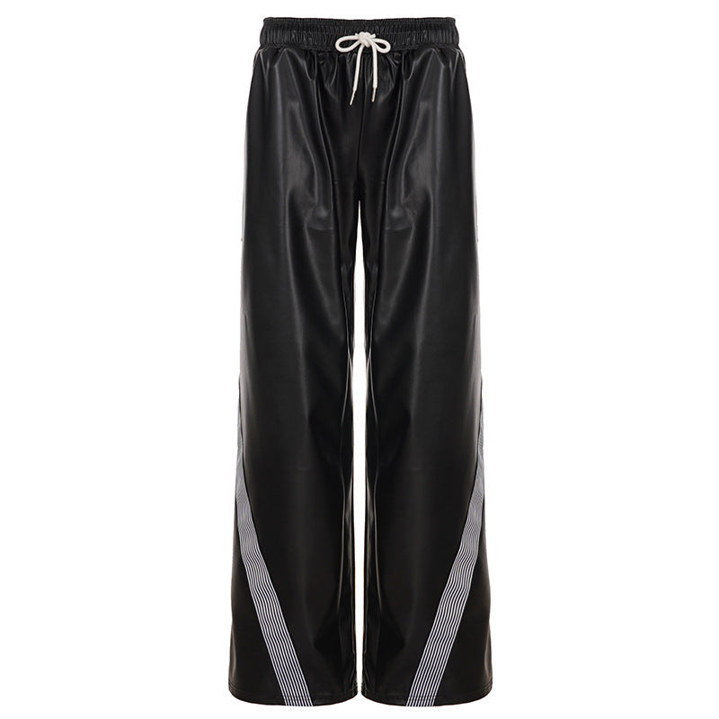 Damen nan weite Kunstleder-Trackpants mit elastischem Bund, Tunnelzug und seitlichen Streifen Shop Nory