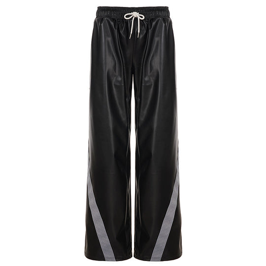 Damen nan weite Kunstleder-Trackpants mit elastischem Bund, Tunnelzug und seitlichen Streifen Shop Nory