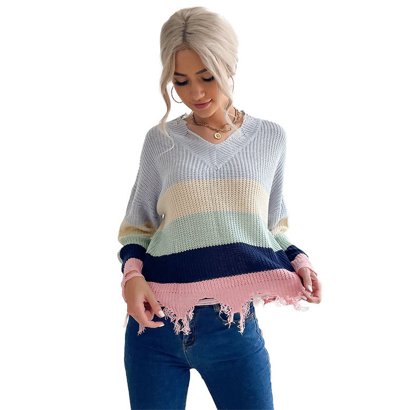 Damen Oversize Strickpullover mit V‑Ausschnitt, Streifenmuster und ausgefranstem Saum Shop Nory