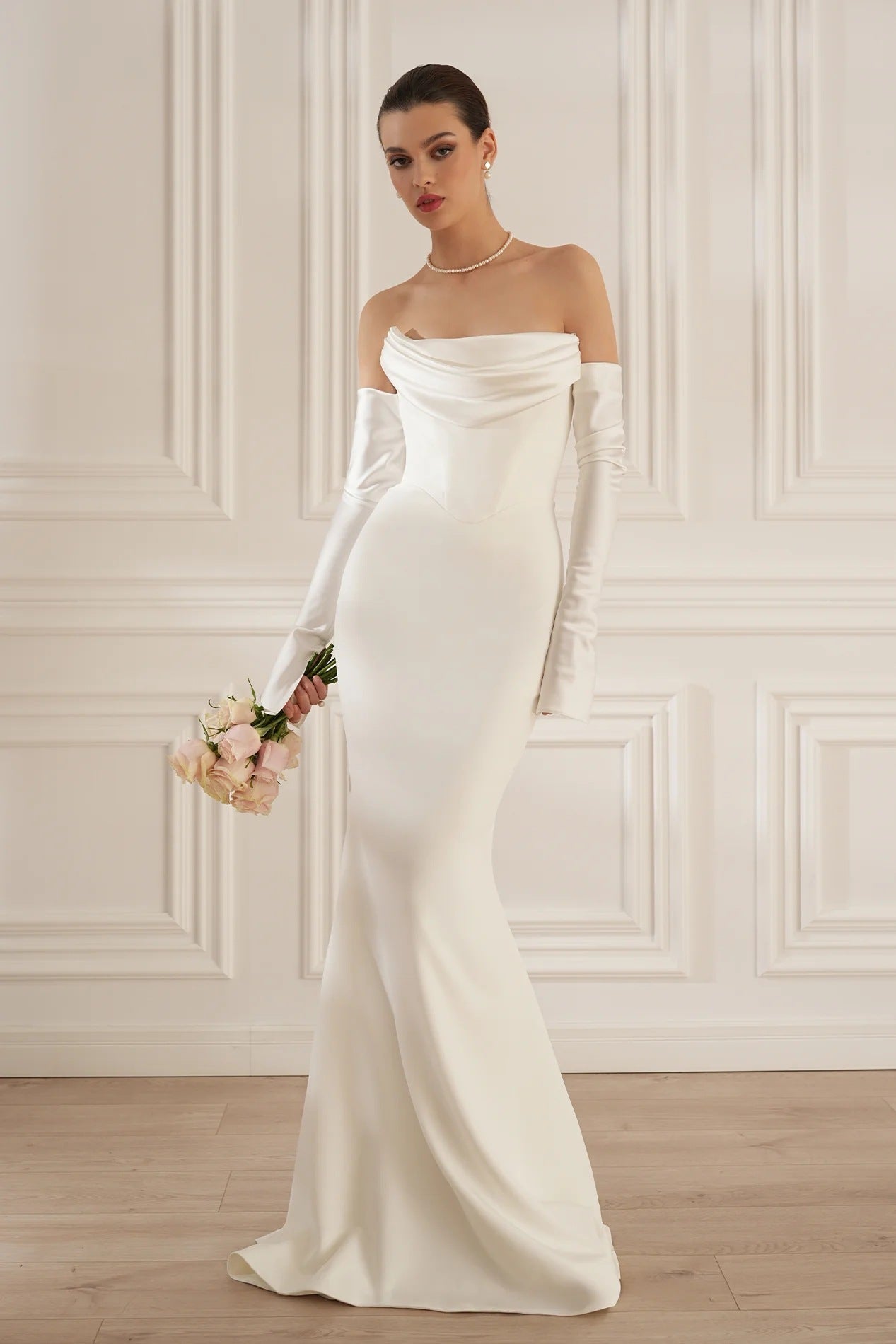 Damen Elegantes Meerjungfrau-Kleid mit schulterfreiem Design und langen Ärmeln