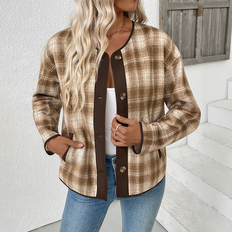 Damen Kariertes Übergangsjacke mit Rundhals, Kontrastbesatz und Knopfleiste Shop Nory