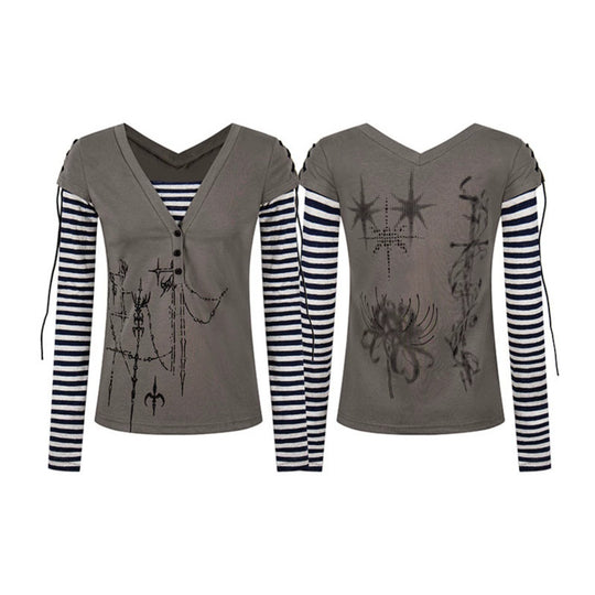 Damen Lagen-Langarmshirt mit V-Ausschnitt, Streifen-Innenlayer und Schnürdetail Shop Nory