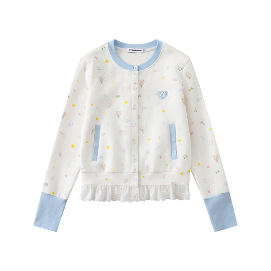 Damen Knopfleisten-Cardigan mit Spitzenvolant, pastelligem Allover-Print und Kontrastbündchen Shop Nory