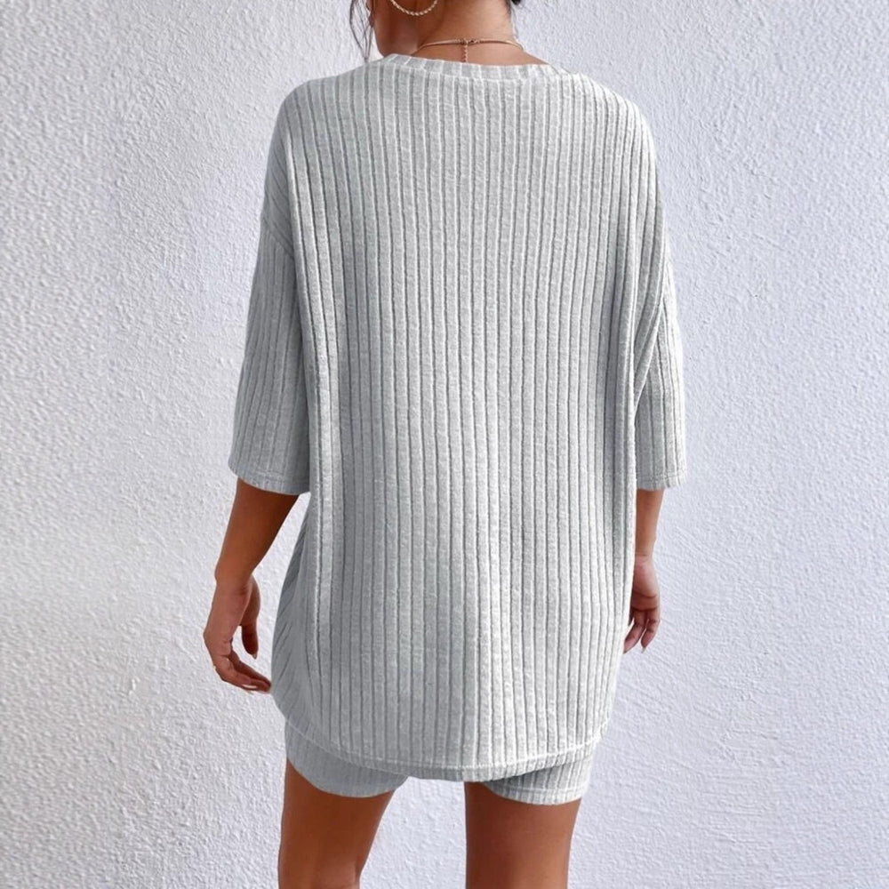 Damen Lässiges Rippstrick-Lounge-Set mit Oversize-Kurzarmoberteil und High-Waist-Biker-Shorts Shop Nory