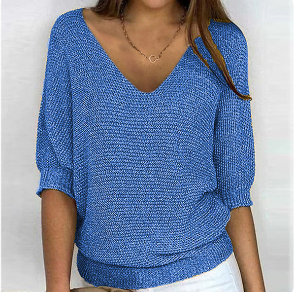 Damen nan lässiger Strickpullover mit V-Ausschnitt und Fledermausärmeln Shop Nory