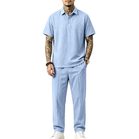 Herren Polo-Lounge-Set aus leichter Leinenmischung mit Kurzarm-Polo und gerader Bundfaltenhose Shop Nory