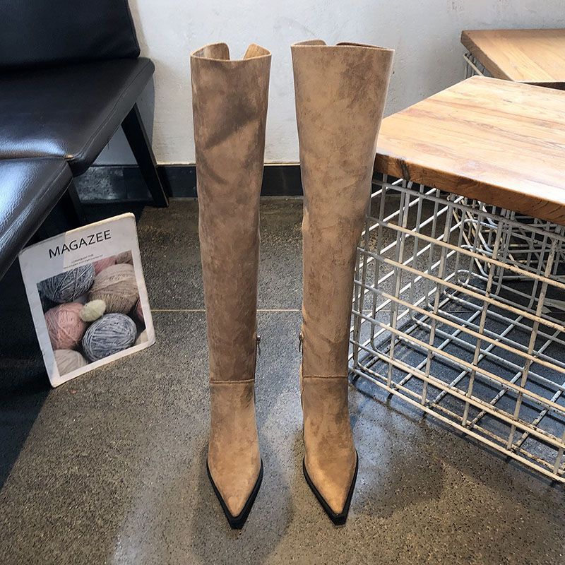 Damen Overknee-Stiefel aus Veloursoptik mit spitzer Zehenform und schmalem Absatz Shop Nory