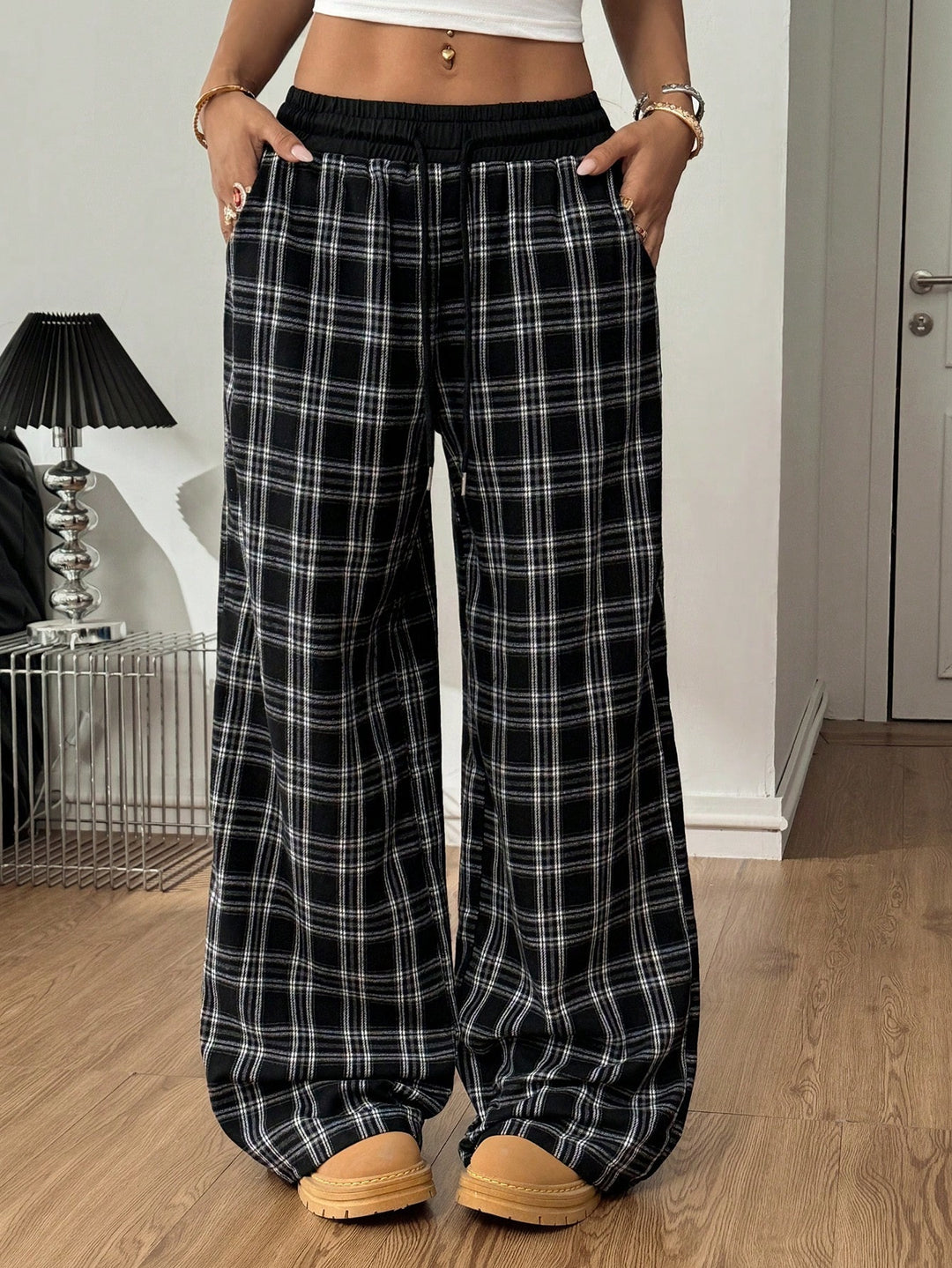 Damen weite karierte Lounge-Hose mit hohem Gummibund und Kordelzug Shop Nory