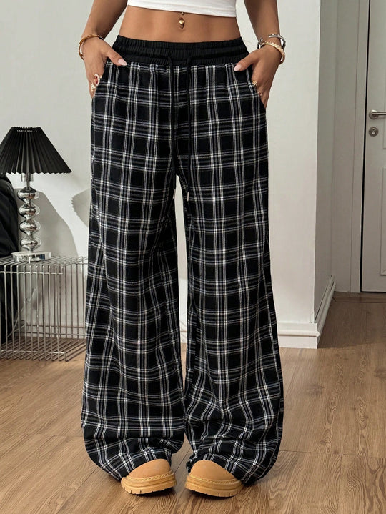 Damen weite karierte Lounge-Hose mit hohem Gummibund und Kordelzug Shop Nory