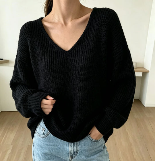 Damen Lässiger Boxy-Grobstrickpullover mit V-Ausschnitt und gerippten Bündchen Shop Nory