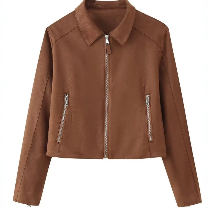 Damen Gekürzte Velourslederjacke mit Hemdkragen, durchgehendem Metallreißverschluss und Zipper-Taschen Shop Nory
