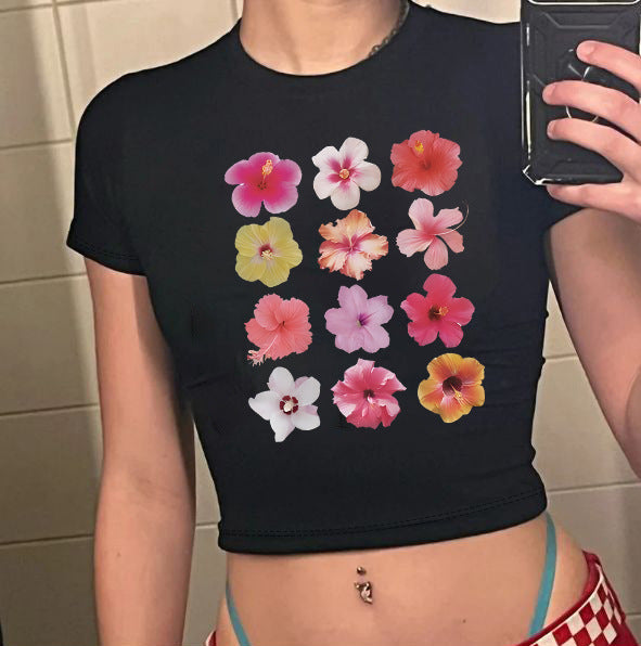 Damen Crop-T-Shirt mit kreativem Motiv und figurbetontem Schnitt Shopnory