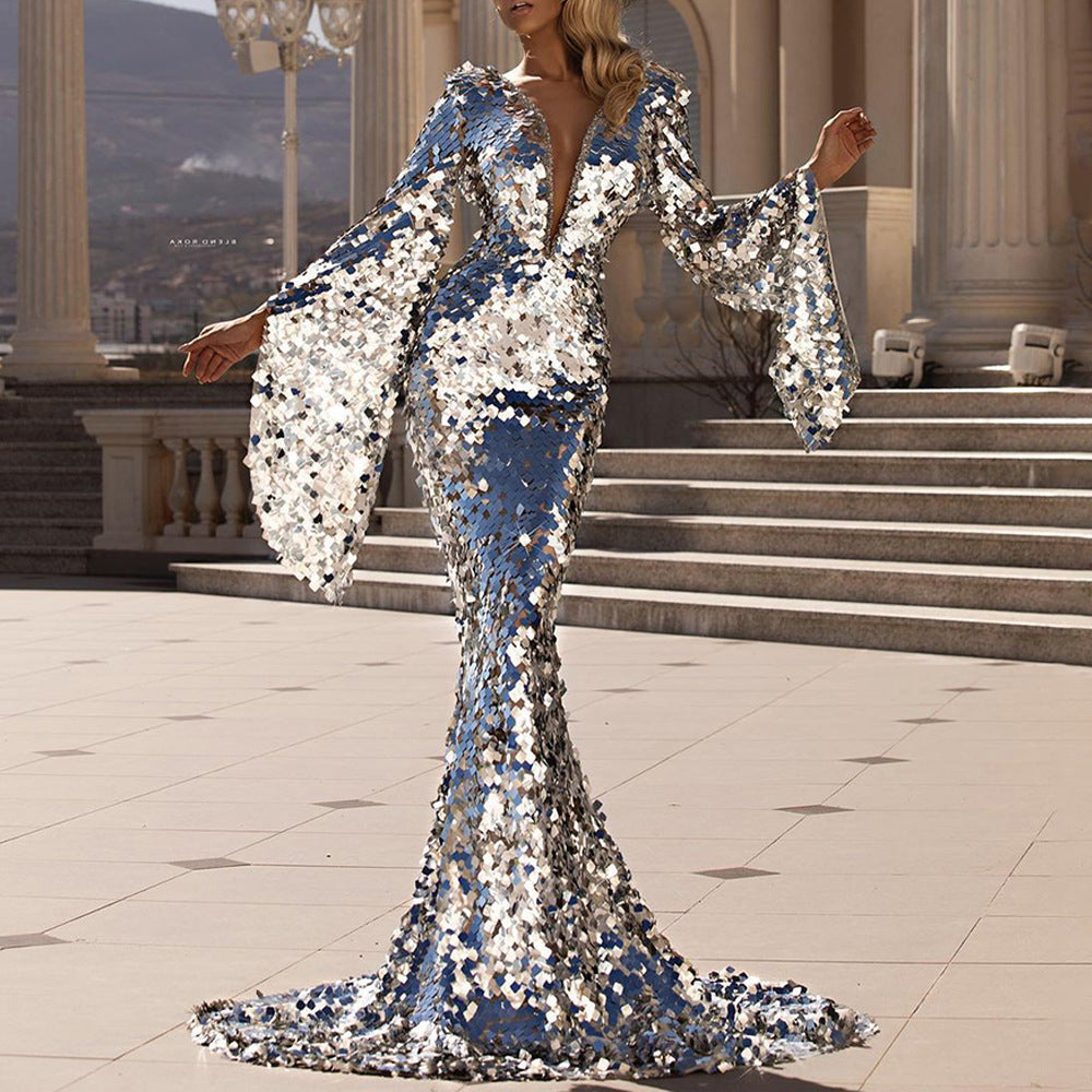 Damen Glamouröses Pailletten Abendkleid mit tiefem V-Ausschnitt und langen Ärmeln