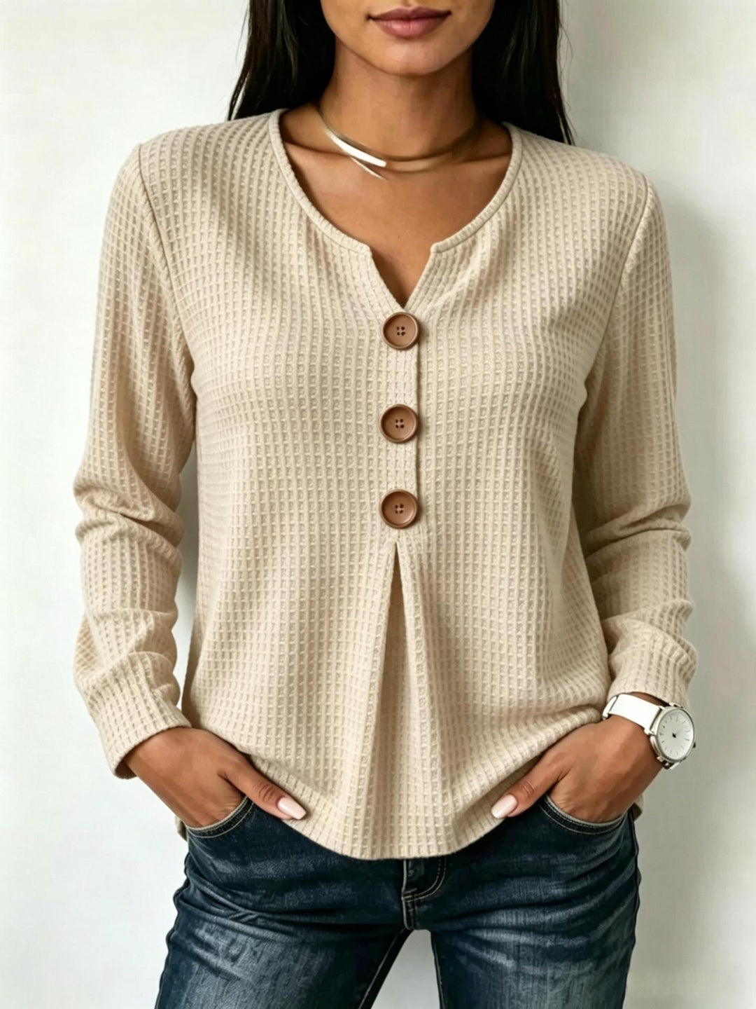 Damen Modisches Langarmshirt mit Knopfdetails Shop Nory
