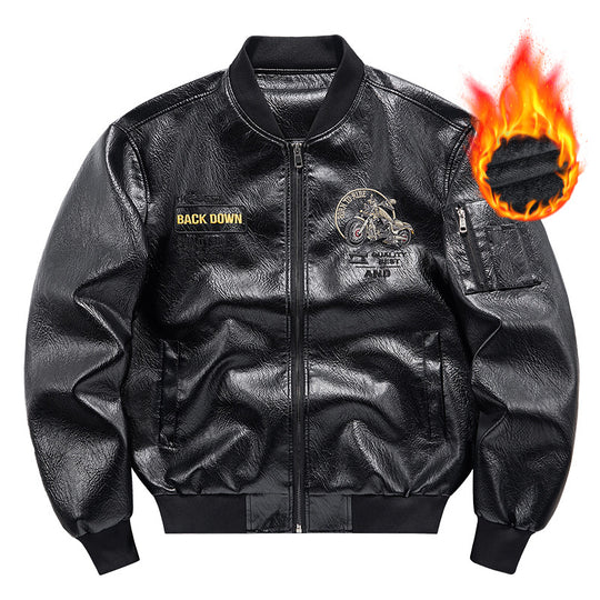 Herren Kunstleder‑Bomberjacke mit wärmender Fleece‑Innenfütterung, Motorrad‑Stickerei und Ärmeltasche Shop Nory