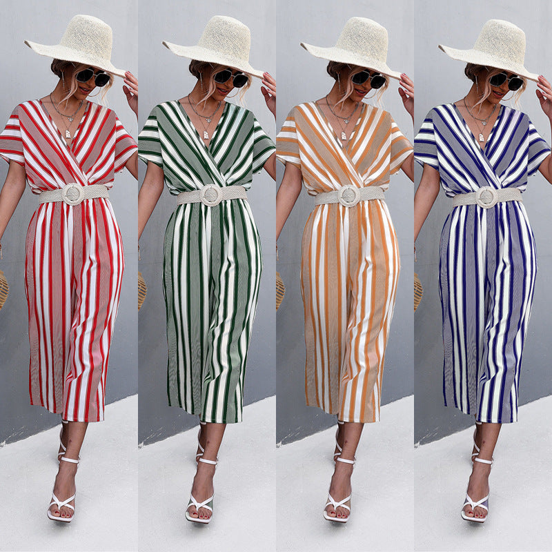 Damen eleganter Jumpsuit mit V-Ausschnitt, breiten Ärmeln und anisstreifendem Design