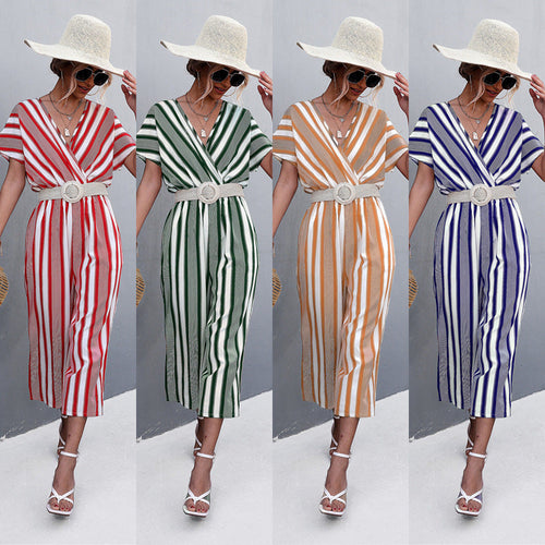 Damen eleganter Jumpsuit mit V-Ausschnitt, breiten Ärmeln und anisstreifendem Design