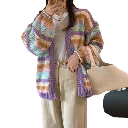 Damen Gemusterter Strickcardigan mit luftigen Ärmeln und sanften Farbverläufen