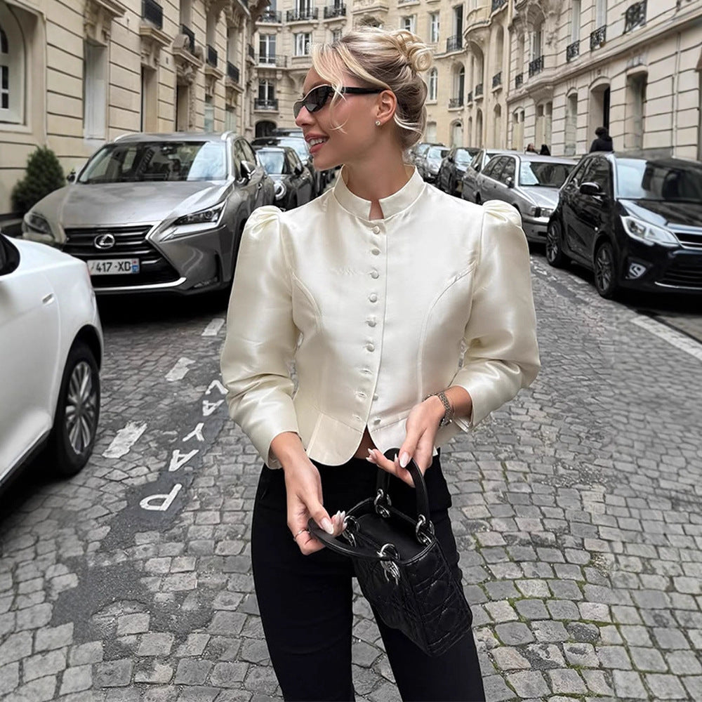 Damen Taillierte Satin-Bolerojacke mit Stehkragen & betonten Puffärmeln Shop Nory