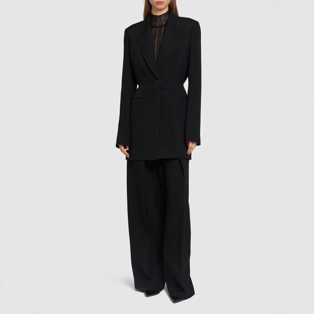 Damen Einreihiger Longblazer mit taillierter Silhouette und weiter Palazzohose Shop Nory