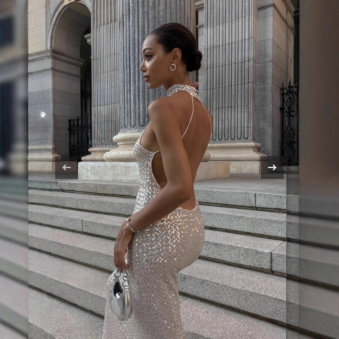 Damen glamouröses Langkleid mit funkelndem Paillettenbesatz