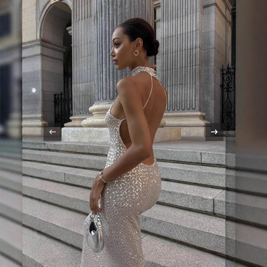 Damen glamouröses Langkleid mit funkelndem Paillettenbesatz