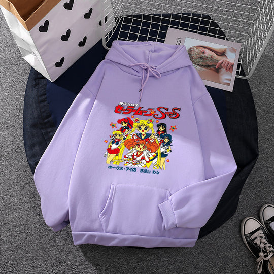 Damen nan Oversize-Kapuzenpullover mit gerautem Fleecefutter, Retro‑Anime‑Print und Kängurutasche Shop Nory
