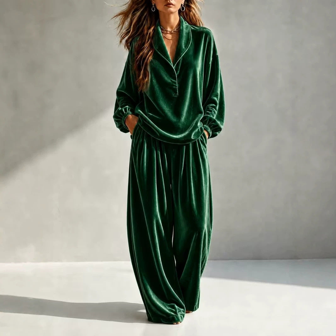 Damen Luxuriöses Velours-Loungewear-Set mit Schalkragen und weiter Palazzo-Hose Shop Nory