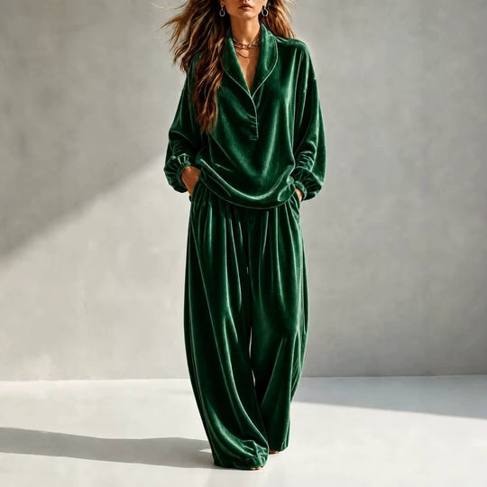 Damen Luxuriöses Velours-Loungewear-Set mit Schalkragen und weiter Palazzo-Hose Shop Nory